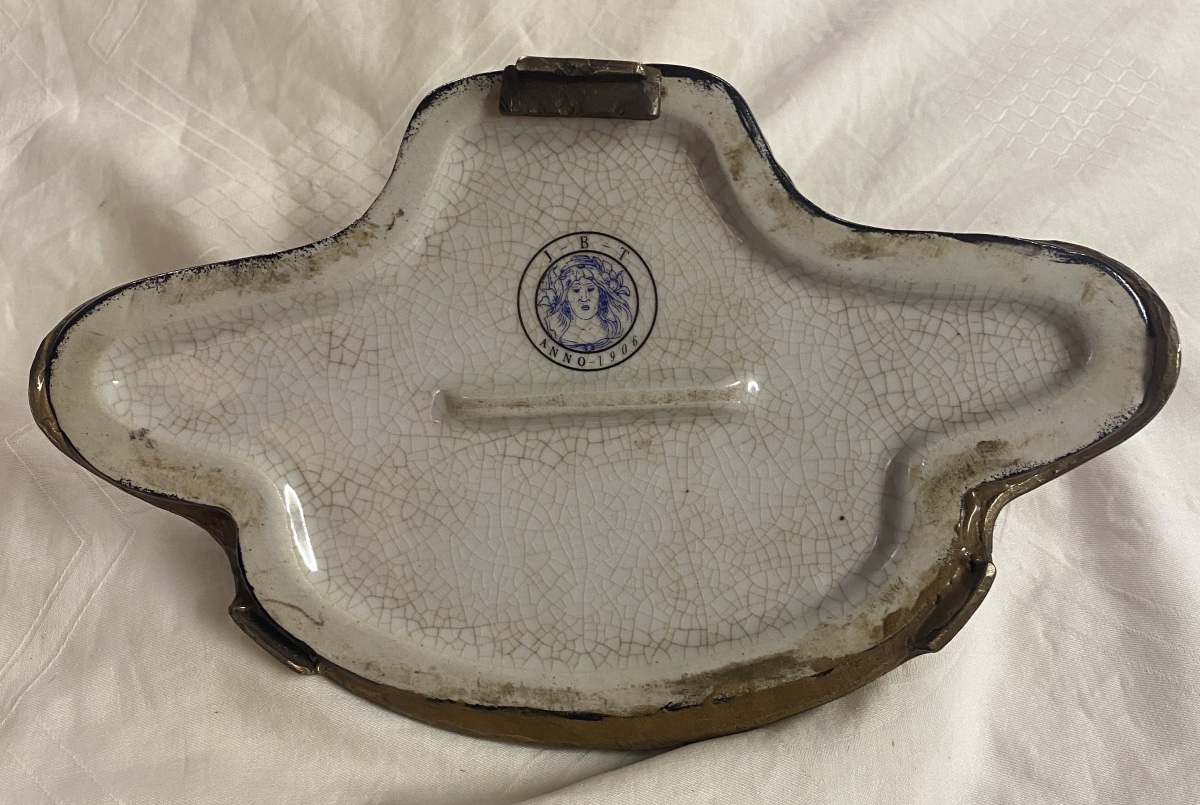 Art Nouveau-style Inkwell, Circa 1900; Glazed Porcelain And Gilded Brass; Floral Design-photo-2