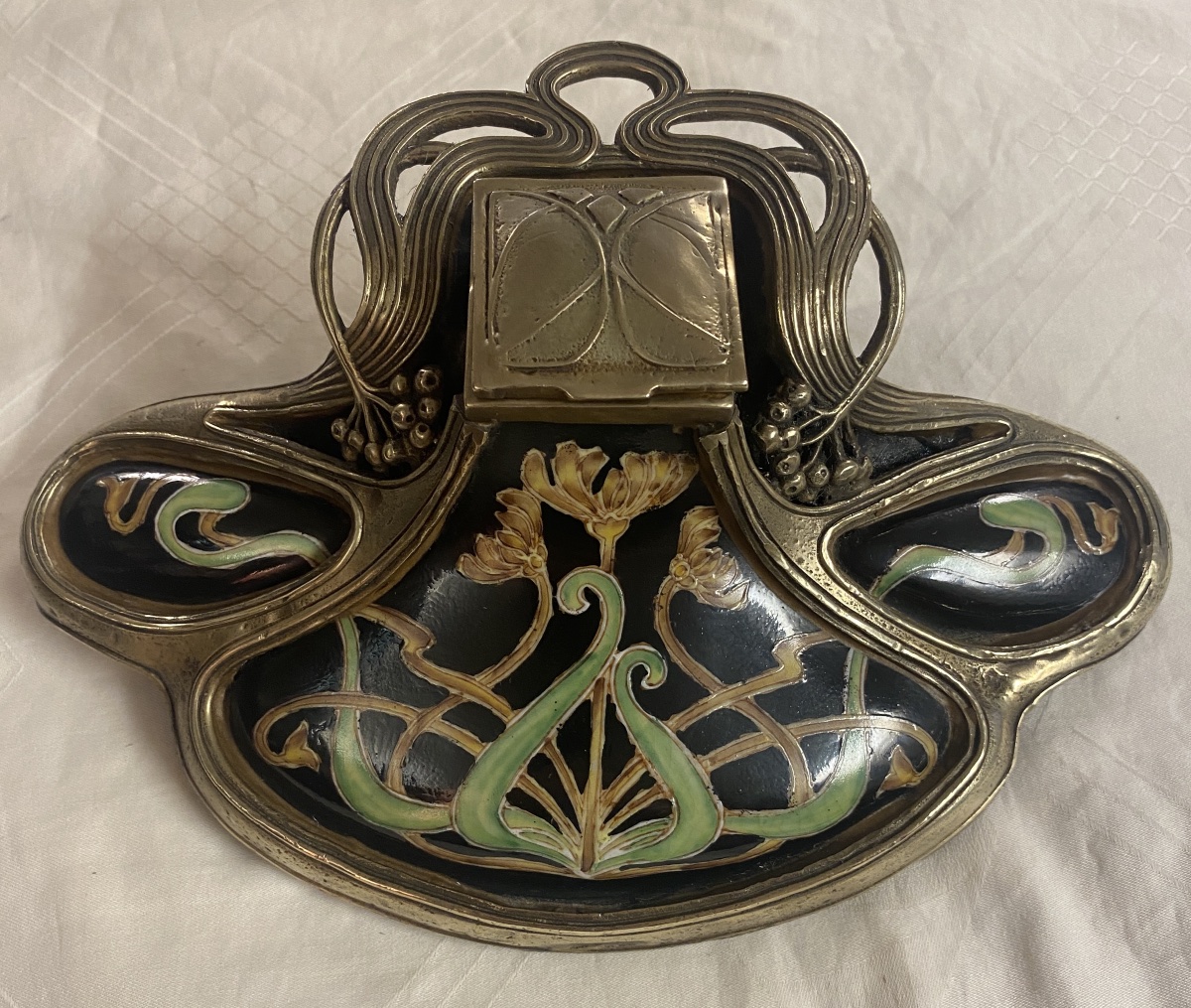 Art Nouveau-style Inkwell, Circa 1900; Glazed Porcelain And Gilded Brass; Floral Design