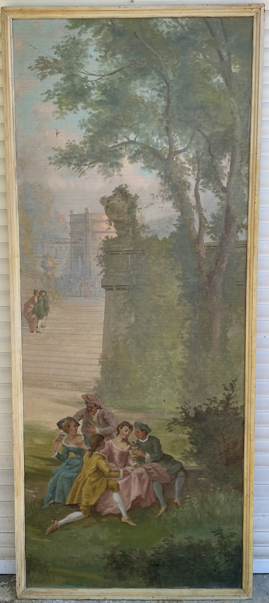 Three Large Paintings In The French School Style, "figures In A Park," 20th Century, Oil On Canvas -photo-2
