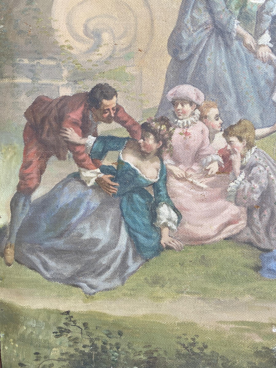 Three Large Paintings In The French School Style, "figures In A Park," 20th Century, Oil On Canvas -photo-4