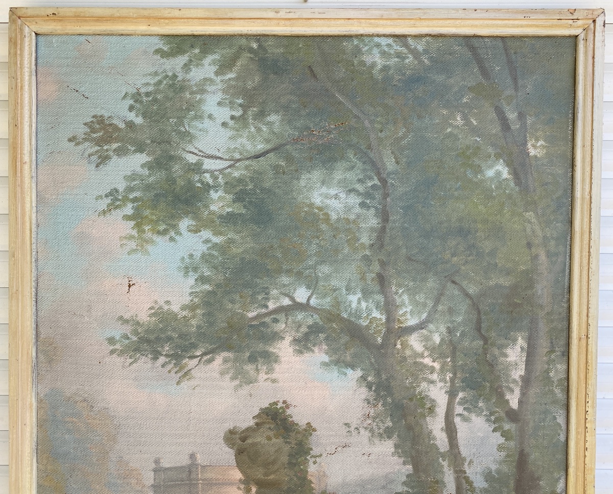 Three Large Paintings In The French School Style, "figures In A Park," 20th Century, Oil On Canvas -photo-3