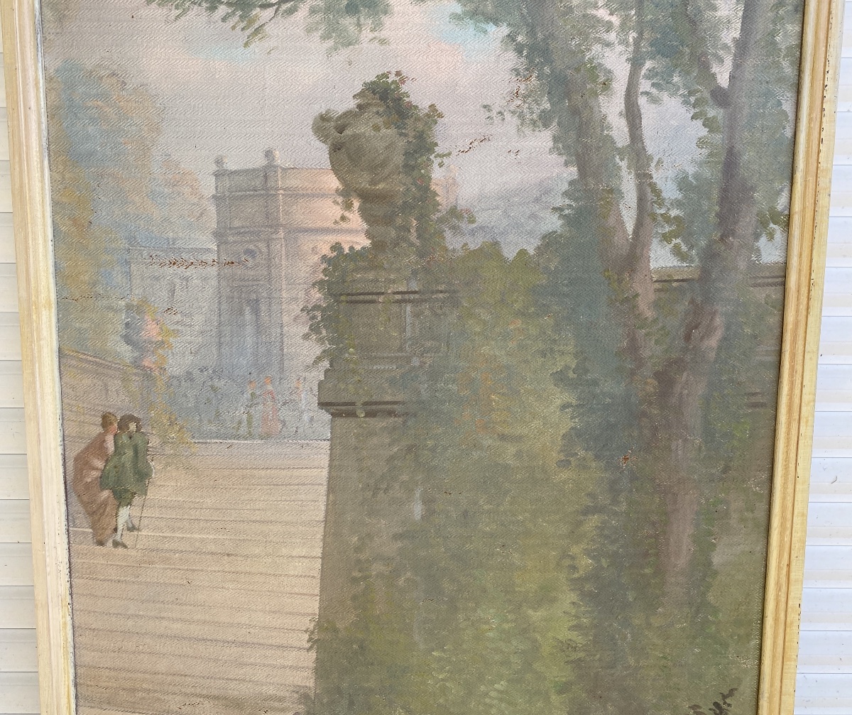 Three Large Paintings In The French School Style, "figures In A Park," 20th Century, Oil On Canvas -photo-4