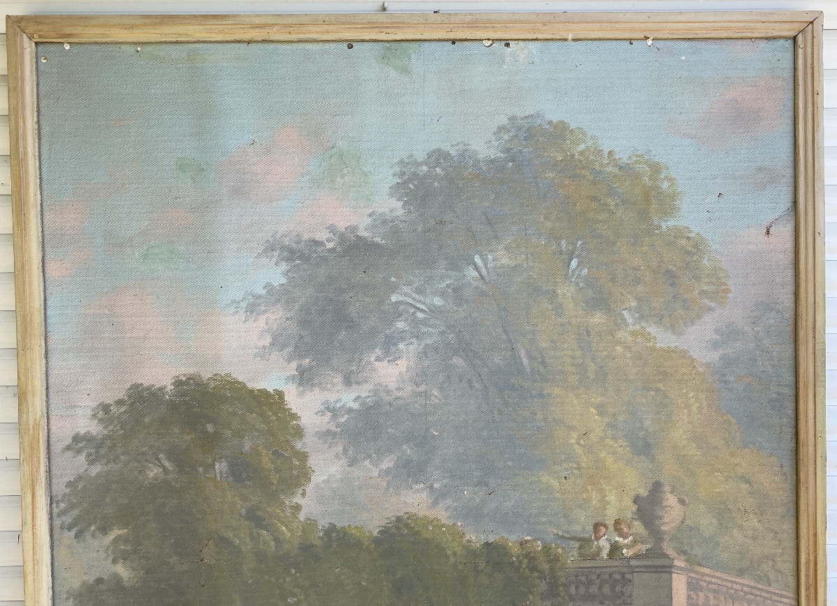 Three Large Paintings In The French School Style, "figures In A Park," 20th Century, Oil On Canvas -photo-6