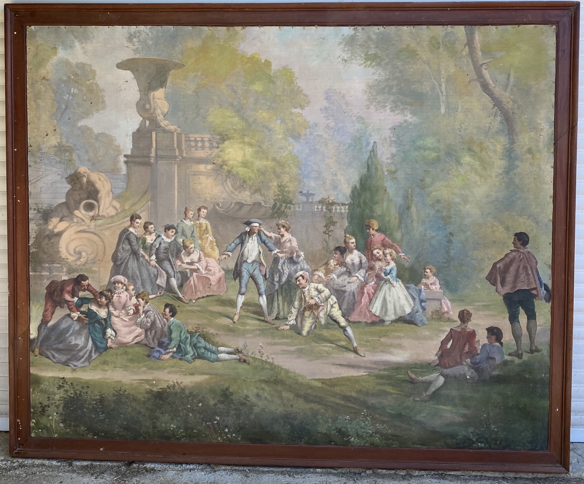 Three Large Paintings In The French School Style, "figures In A Park," 20th Century, Oil On Canvas 