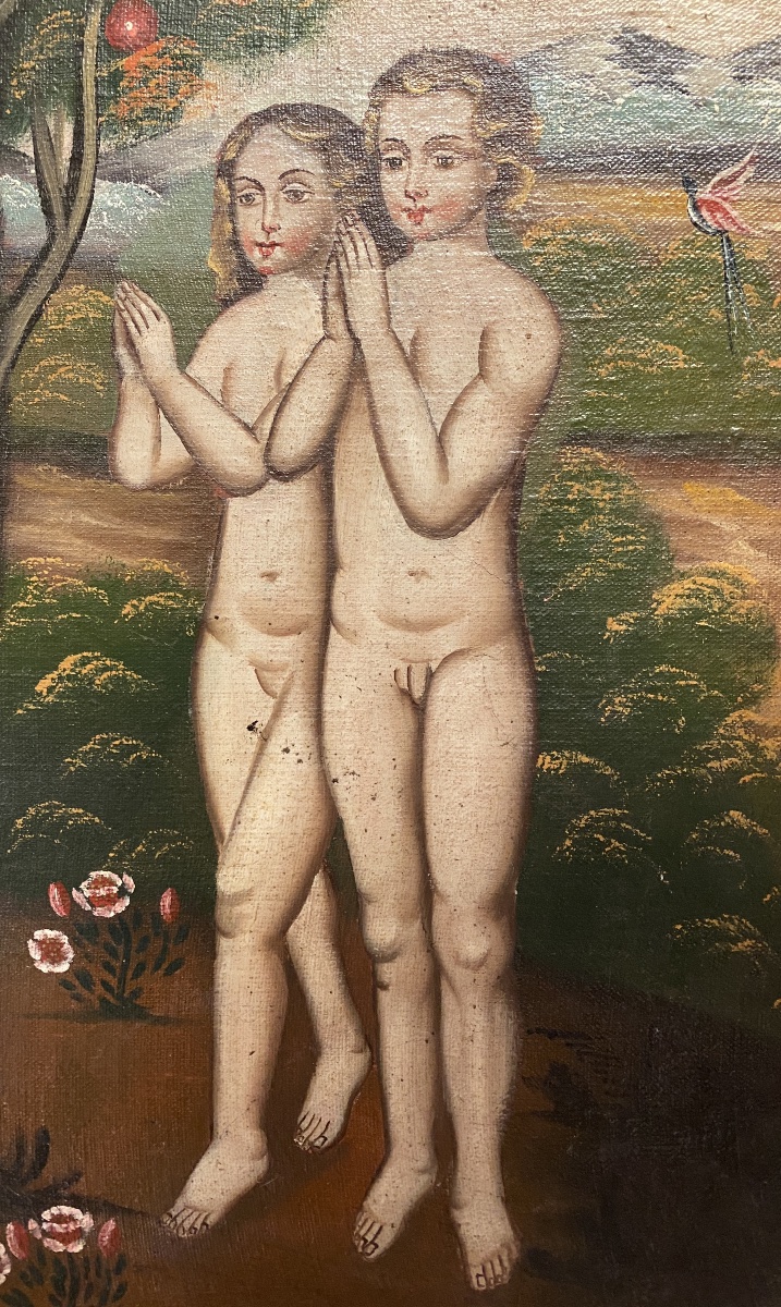 ÉCOLE de CUZCO " Adam et Ève " Époque Fin XIX ème-Début XX ème Huile sur toile 42 x 57 cm-photo-2