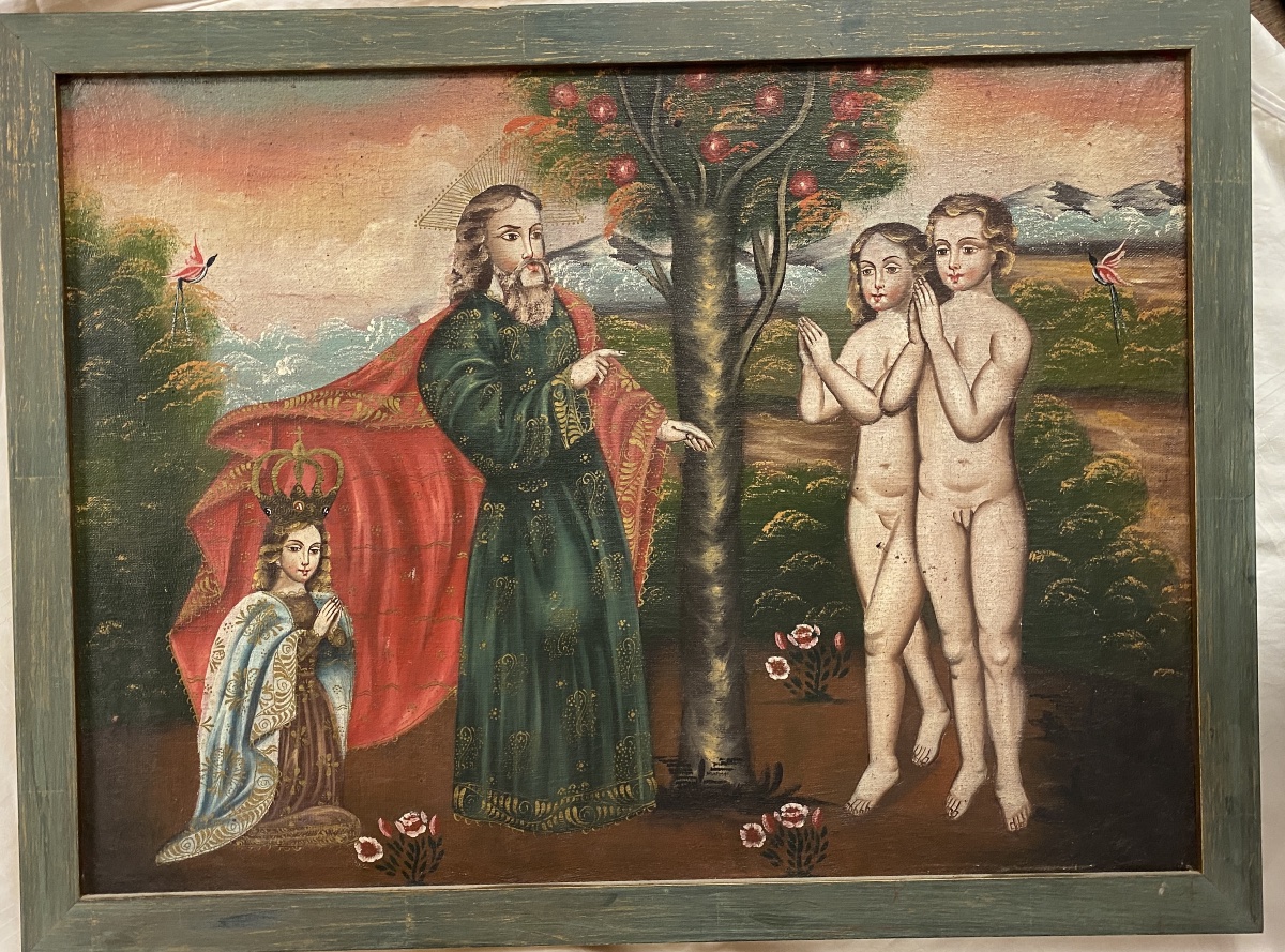 ÉCOLE de CUZCO " Adam et Ève " Époque Fin XIX ème-Début XX ème Huile sur toile 42 x 57 cm