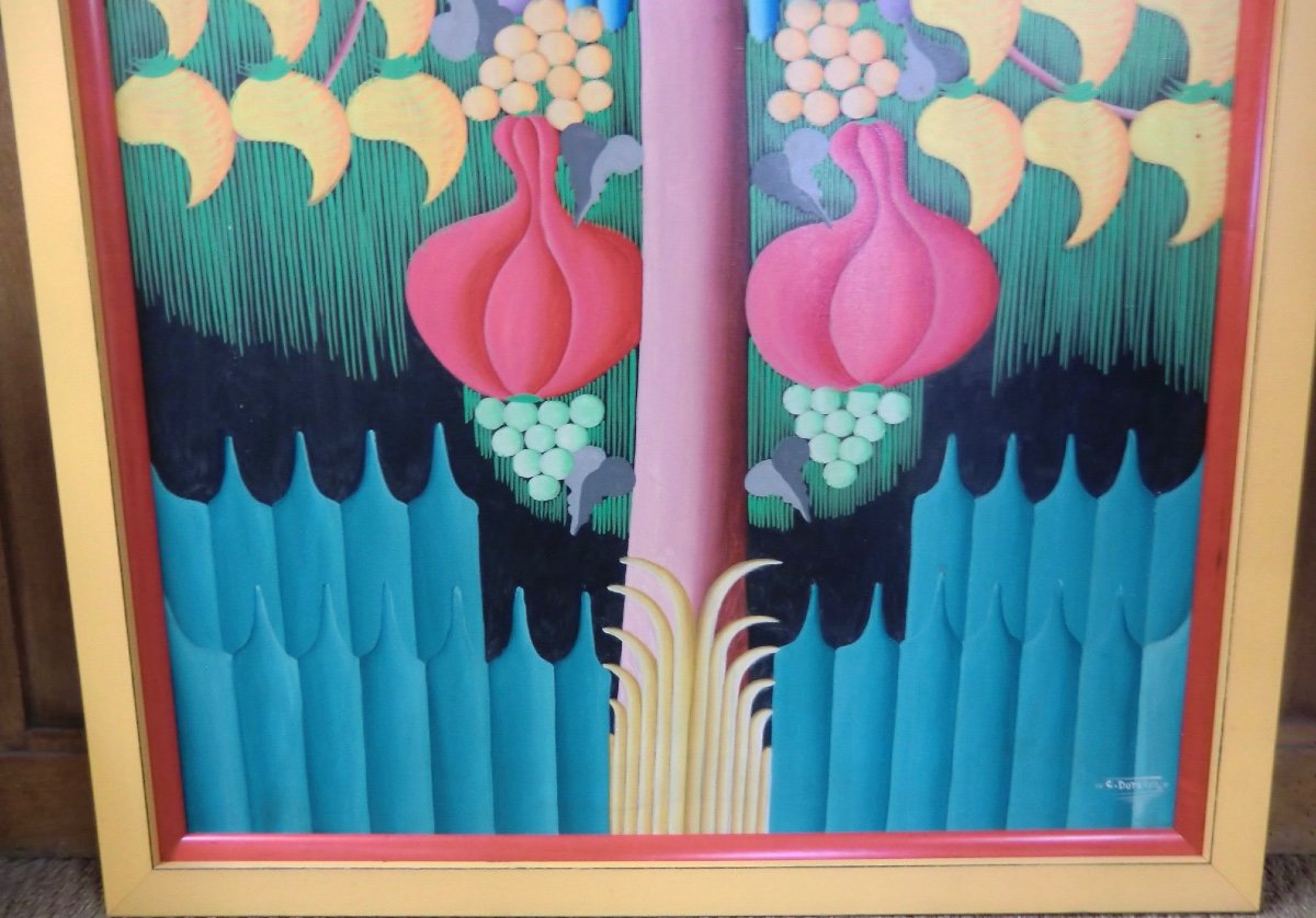 Dutervil C XX ème Peintre Haïti "L'arbre à fruits" Huile sur toile 162 x 75 cm-photo-1