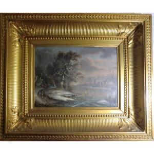 CHEVALLIER (1808-1893) "Paysage animé en hiver" Huile/Toile encadrée 24,5 x 33 cm