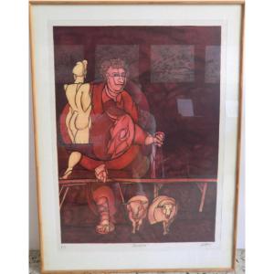 Valerio Adami, Born In 1935 "the Shepherd" Color Lithograph Signed 80 X 60 Cm