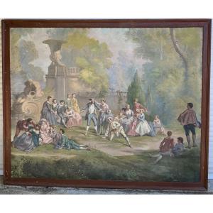 Three Large Paintings In The French School Style, "figures In A Park," 20th Century, Oil On Canvas