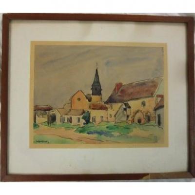 Albert Lepreux ( 1868 - 1959 )" L"grise du village" Aquarelle et mine de plomb/papier 24 x 32 cm