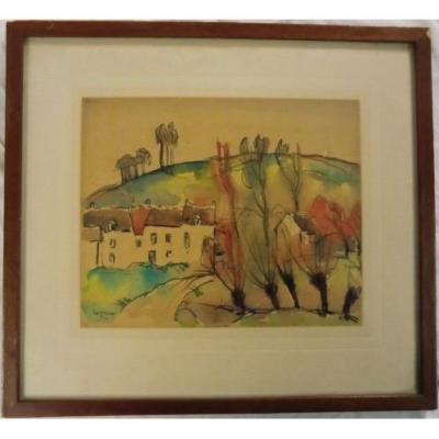 Albert Lepreux ( 1868 - 1959 ) "Maisons et arbres", 1920 Aquarelle et fusain/papier 22,5 x 27 cm