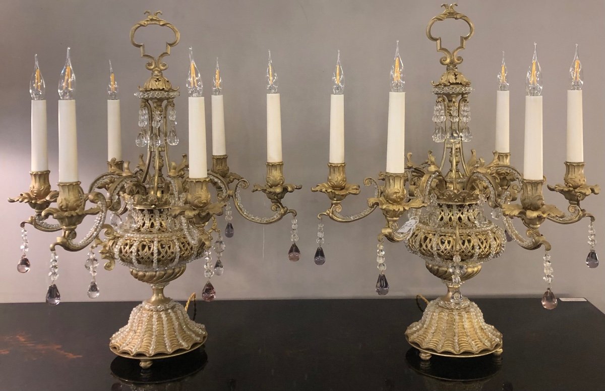 Pair Of Bronze And Crystal Candelabra