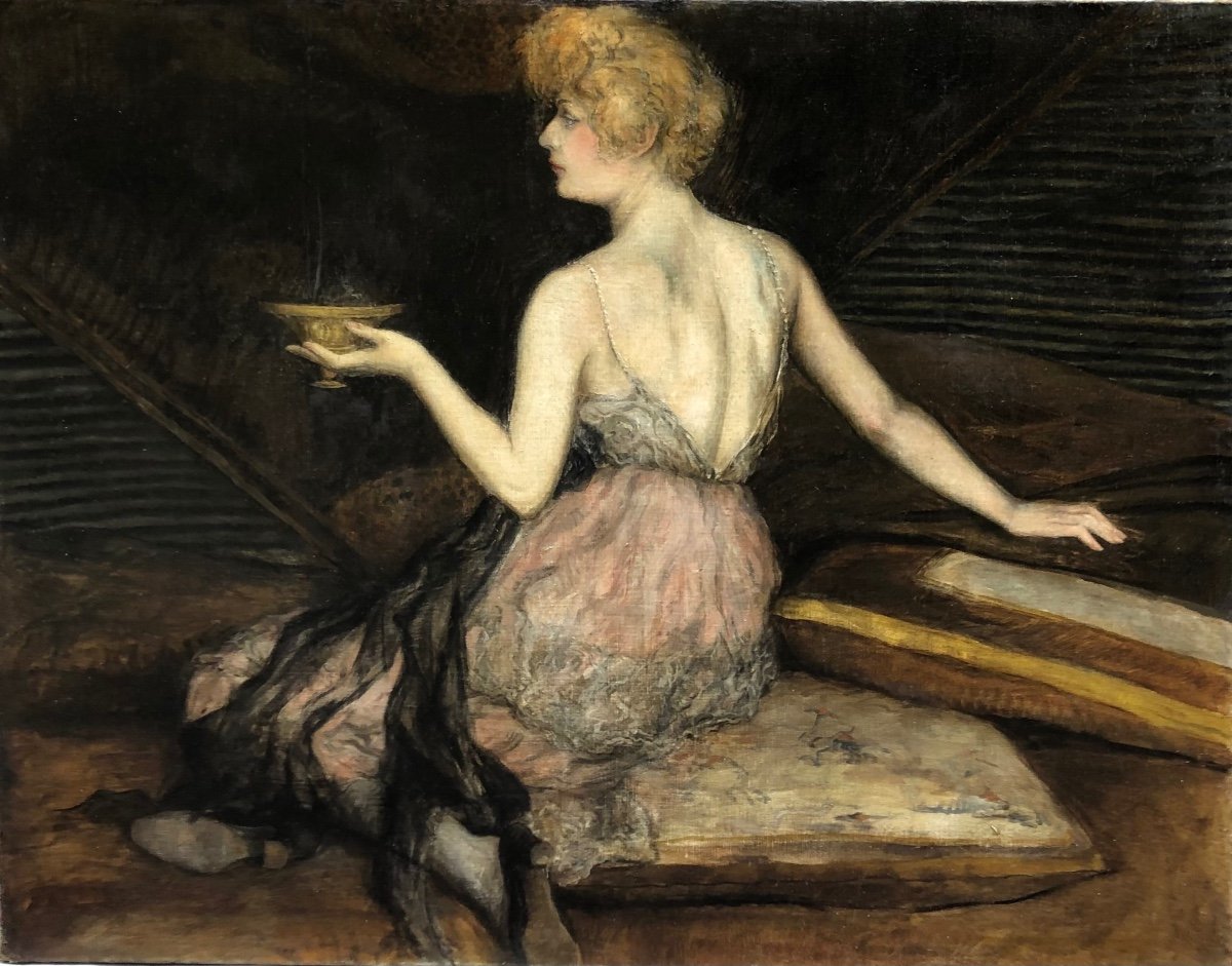 Huile sur toile " Femme de profil tenant une coupe" attribuée à Georges Clairin début XXème