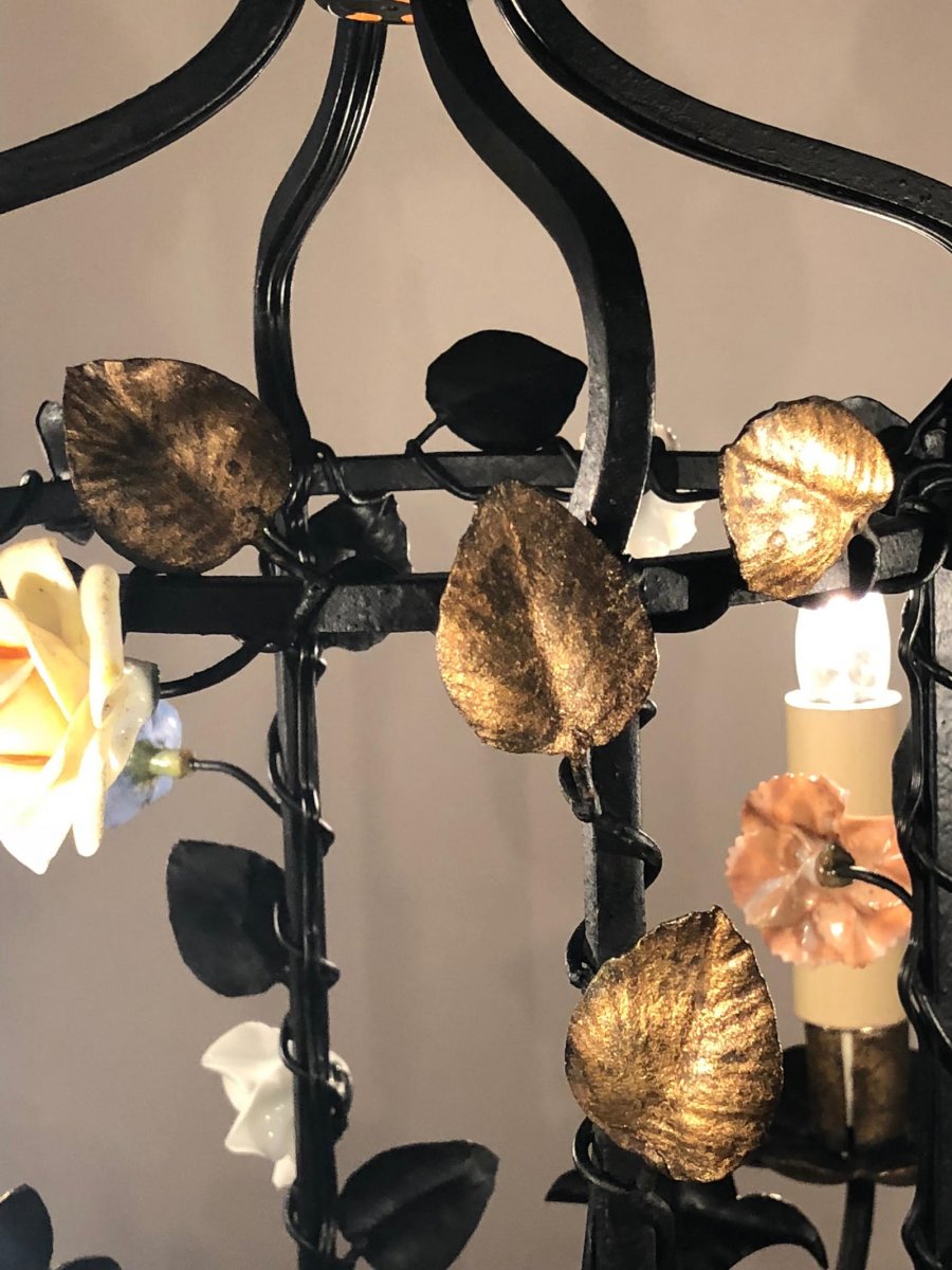 Wrought Iron Chandelier And Porcelain Flowers-photo-4