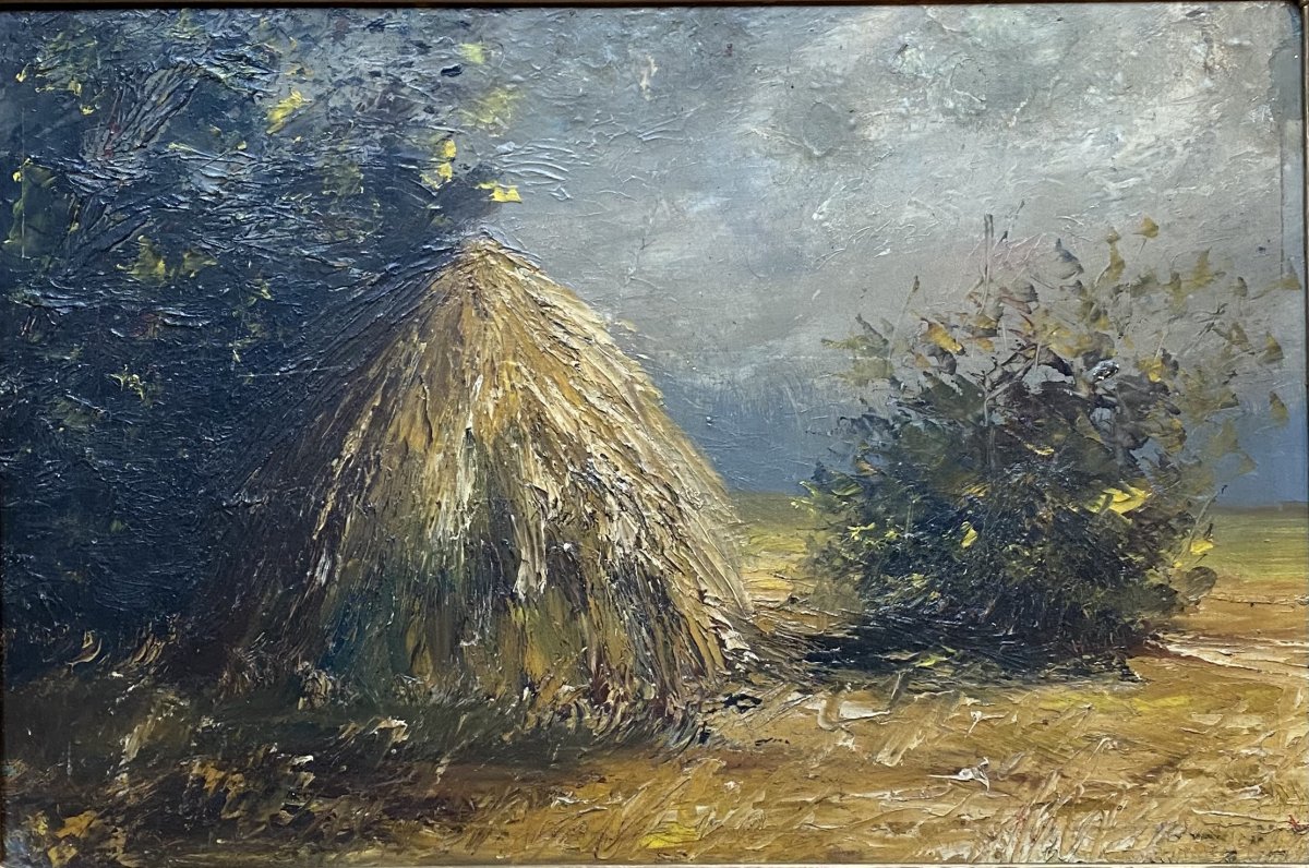 Oil On Panel "landscape With A Haystack"