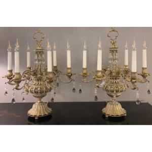 Pair Of Bronze And Crystal Candelabra