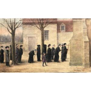 Oil On Canvas "burial In The Bourbonnais" Signed L. Boiry 1915