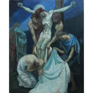 Oil On Canvas "descent From The Cross" Signed Philippe Georges Bermyn 1935