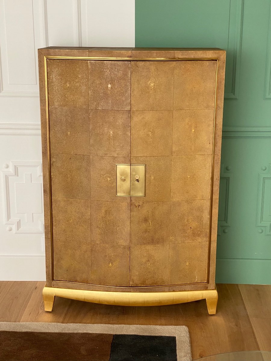 Jacques Adnet (attributed To) Rare Cabinet Forming Bar Originally Sheathed In Shagreen.-photo-3