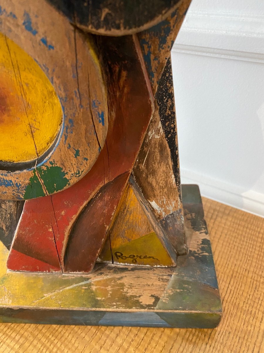 Cubist Sculpture In Polychrome Wood, Illegible Signature-photo-3