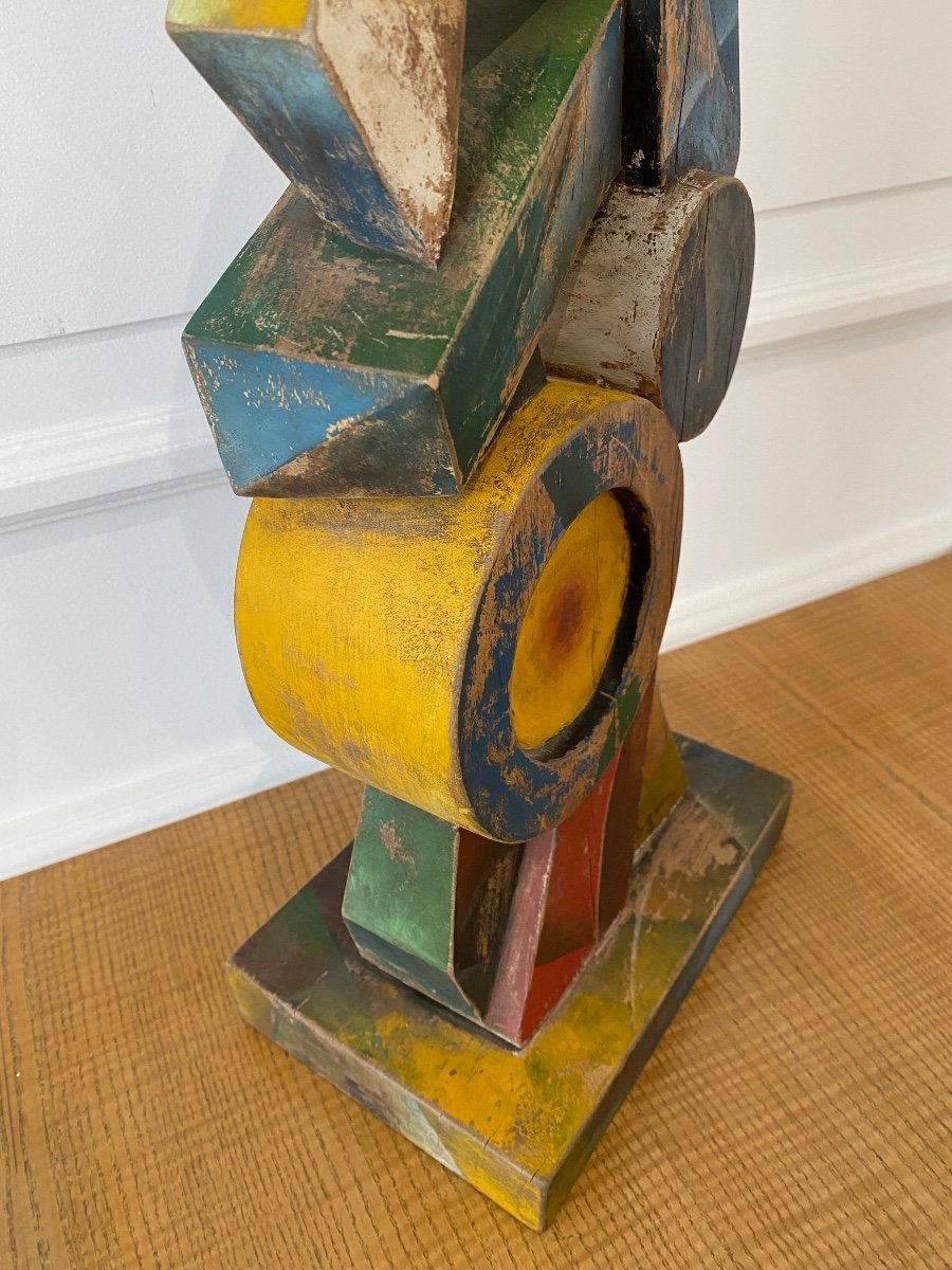 Cubist Sculpture In Polychrome Wood, Illegible Signature-photo-7