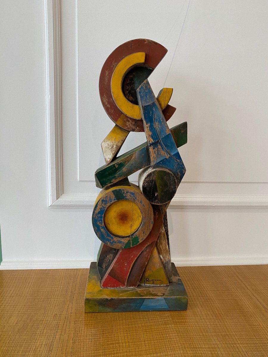 Cubist Sculpture In Polychrome Wood, Illegible Signature