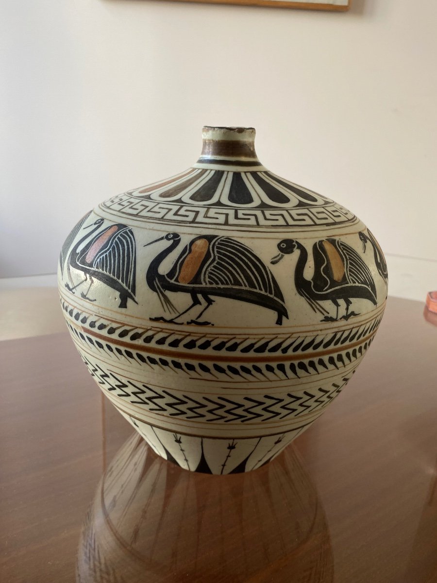 Ceramic Vase With Egyptian Decor Around 1930-photo-4