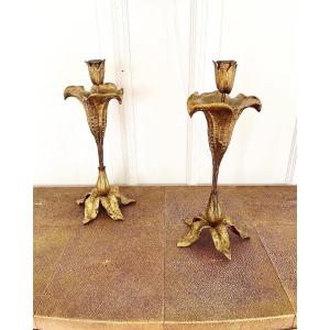 Paul Auguste Gagne, Pretty Pair Of Candlesticks In Gilt Bronze Art Nouveau Period