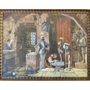 Gouache On Cardboard Depicting The Interior Of A Blacksmith's Or Armorer's Workshop, Late 19th 