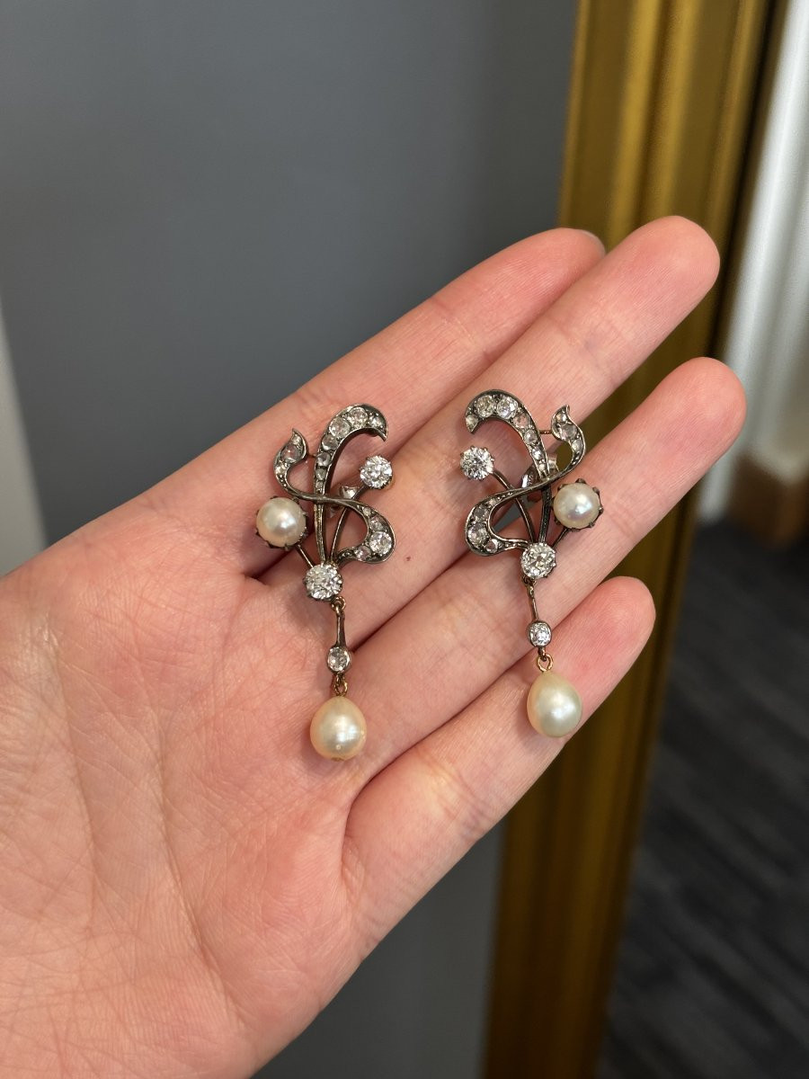 Paire De Boucles d'Oreilles En Or, Argent, Diamants Et Perles Fines Vers 1900-photo-3