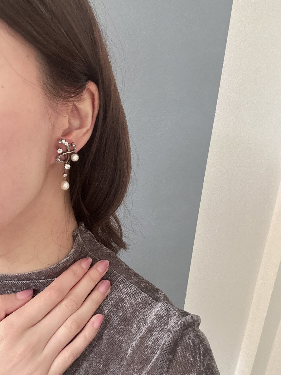 Paire De Boucles d'Oreilles En Or, Argent, Diamants Et Perles Fines Vers 1900-photo-4
