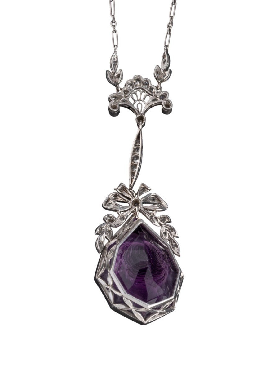 Platinum, Diamond And Amethyst Cameo Necklace, 1910s-photo-2