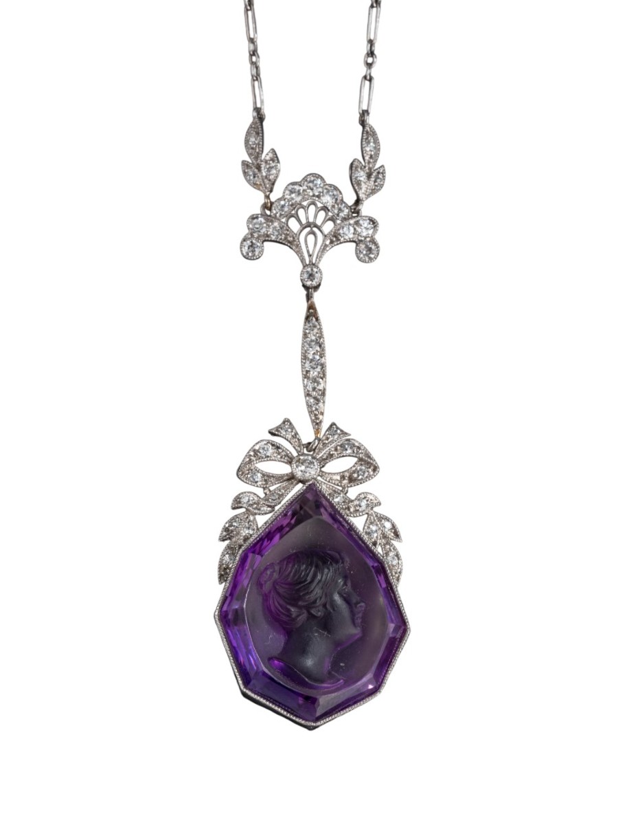 Platinum, Diamond And Amethyst Cameo Necklace, 1910s