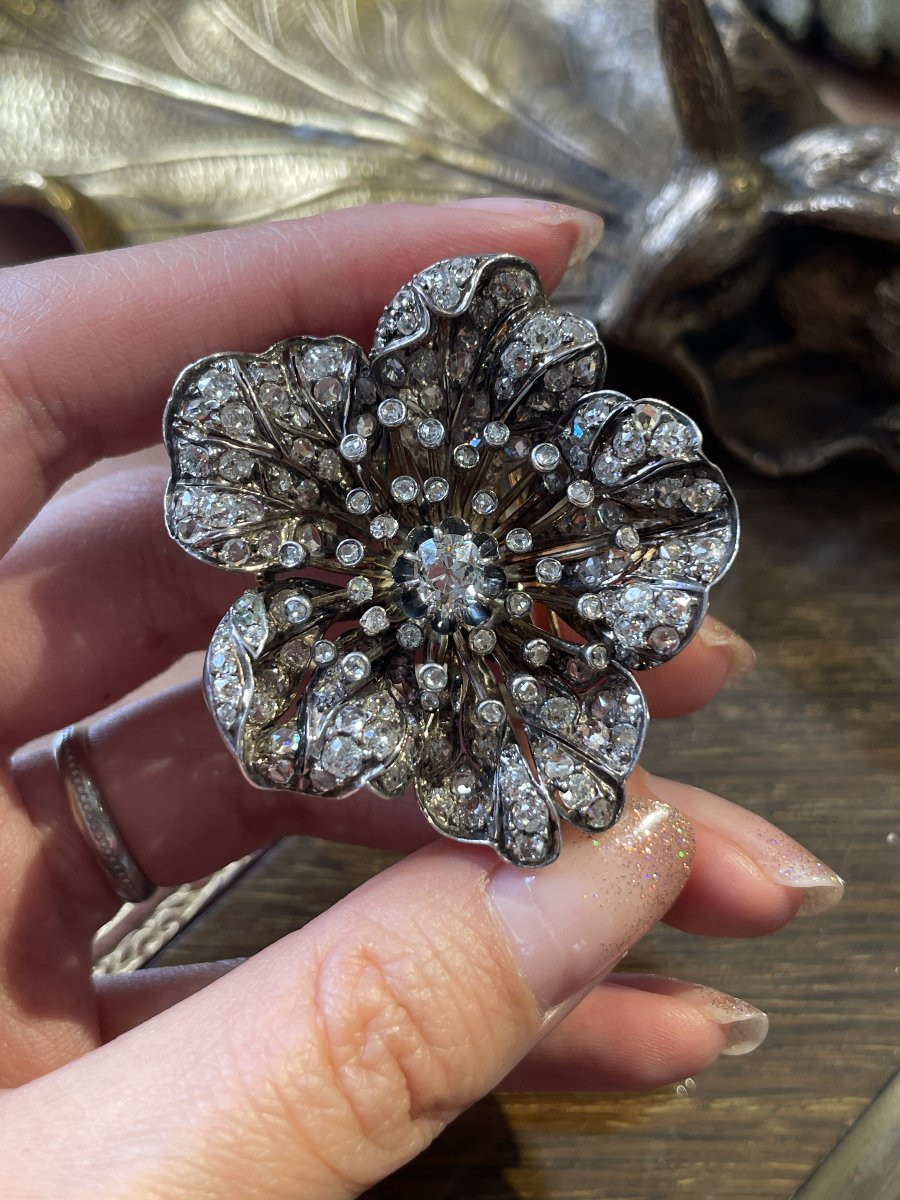 Broche églantine En Or, Argent Et Diamants, XIXème-photo-3