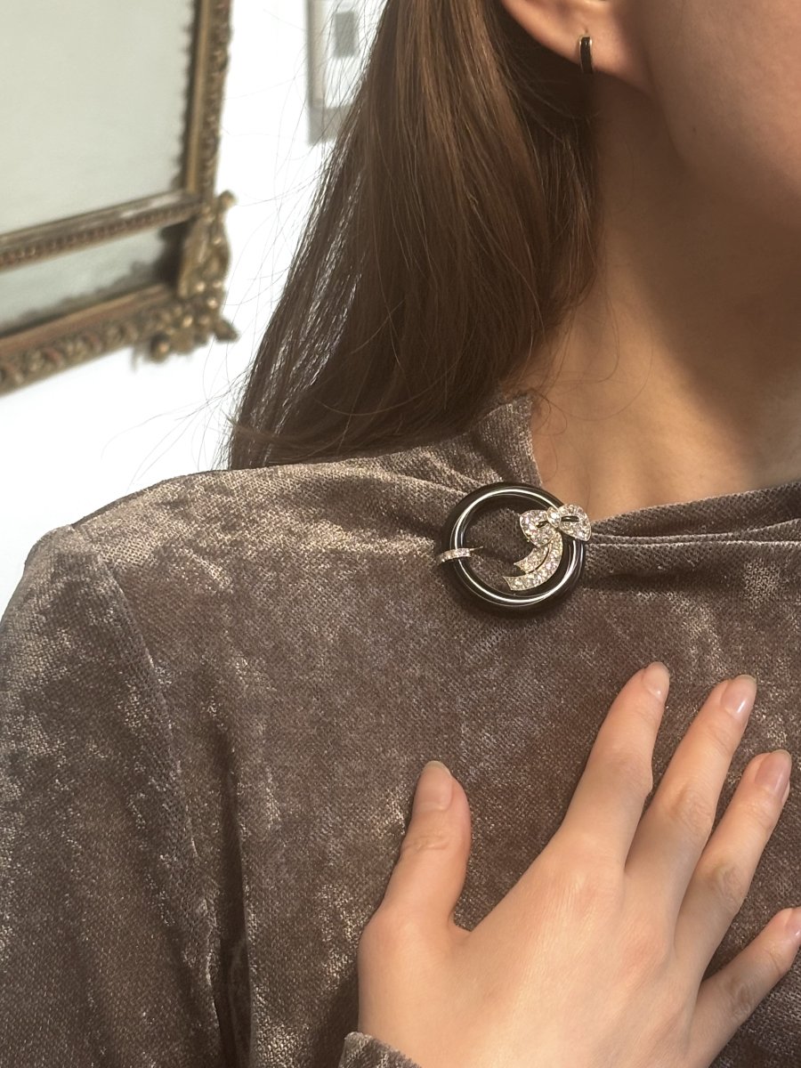 Platinum, Black Onyx And Diamond Brooch Circa 1920-photo-3