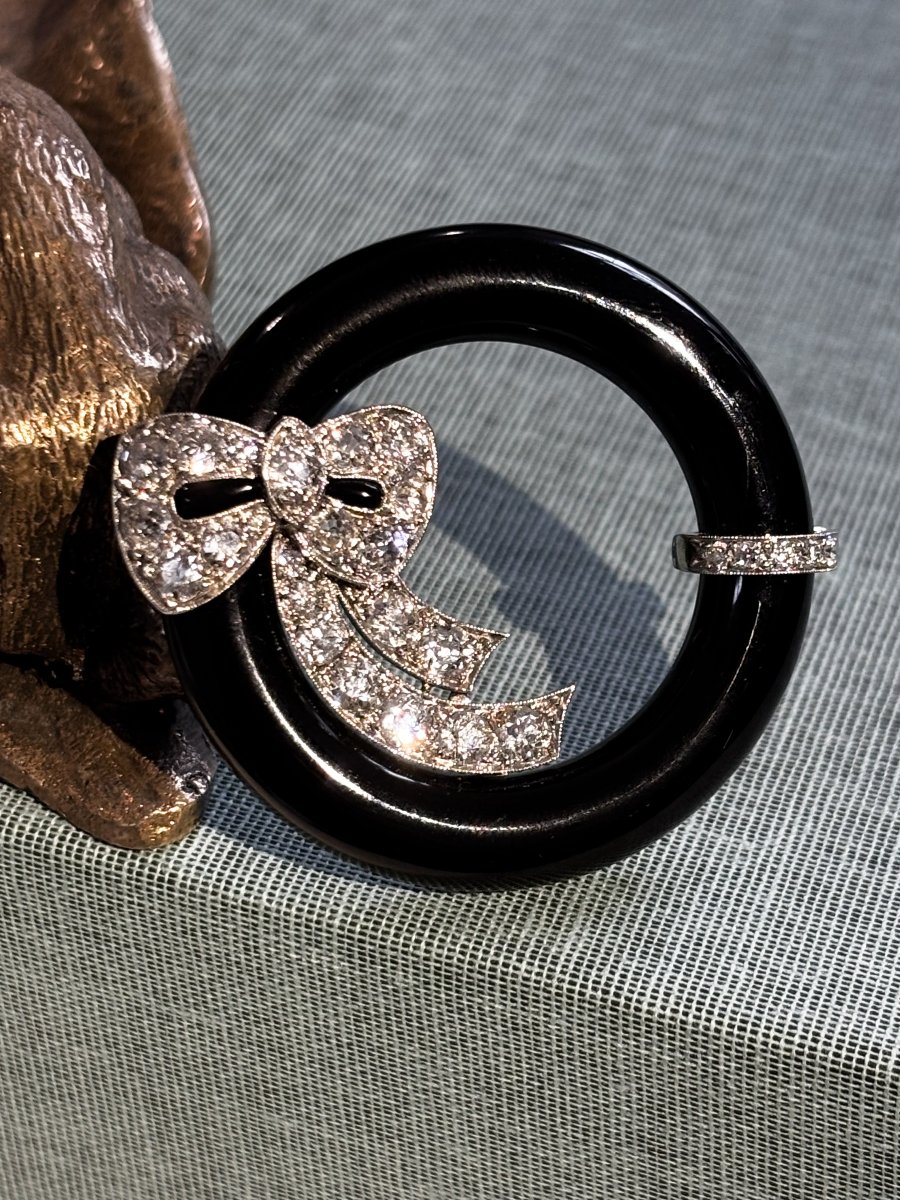 Platinum, Black Onyx And Diamond Brooch Circa 1920-photo-4