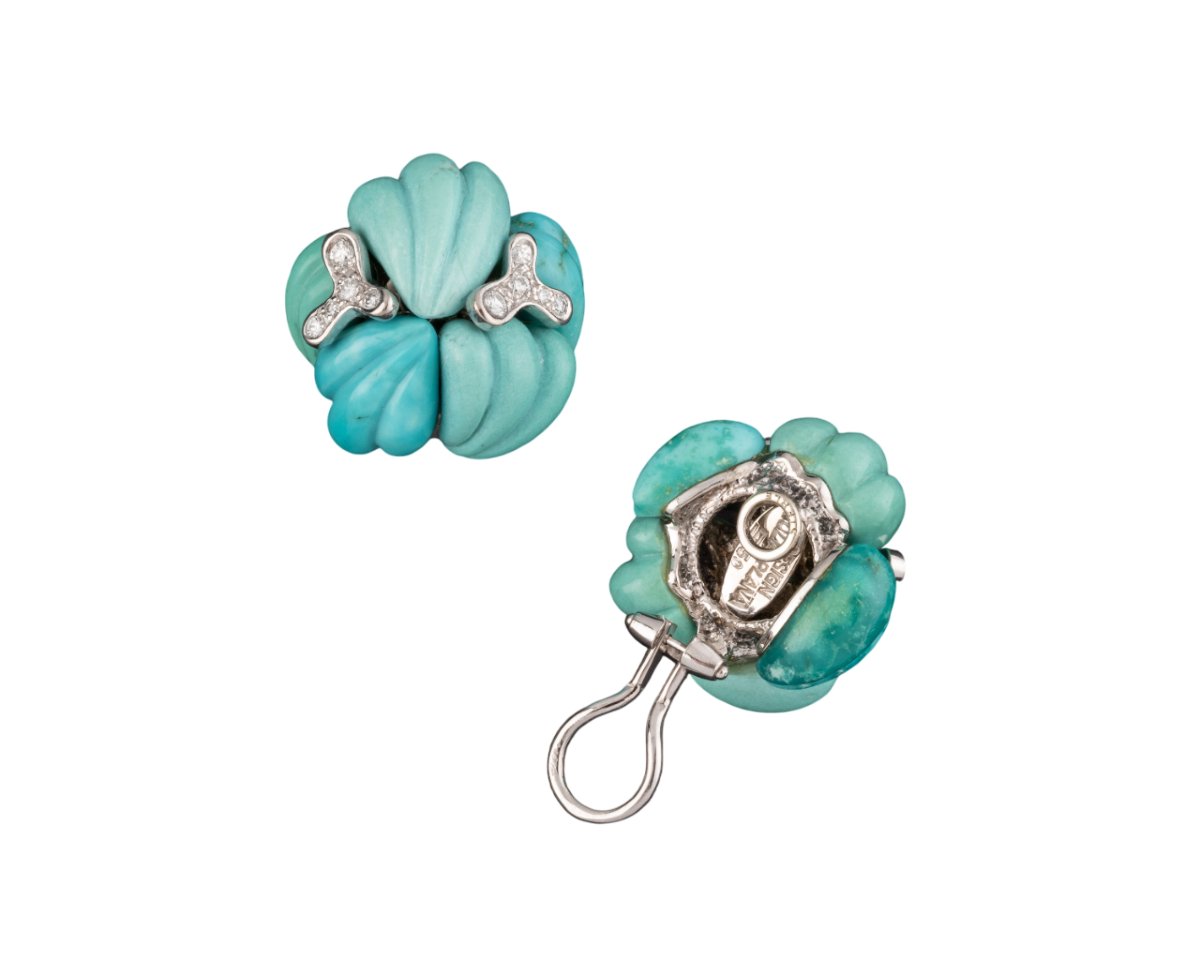 Sterlet - Pair Of Gold, Diamond And Turquoise Earrings-photo-3