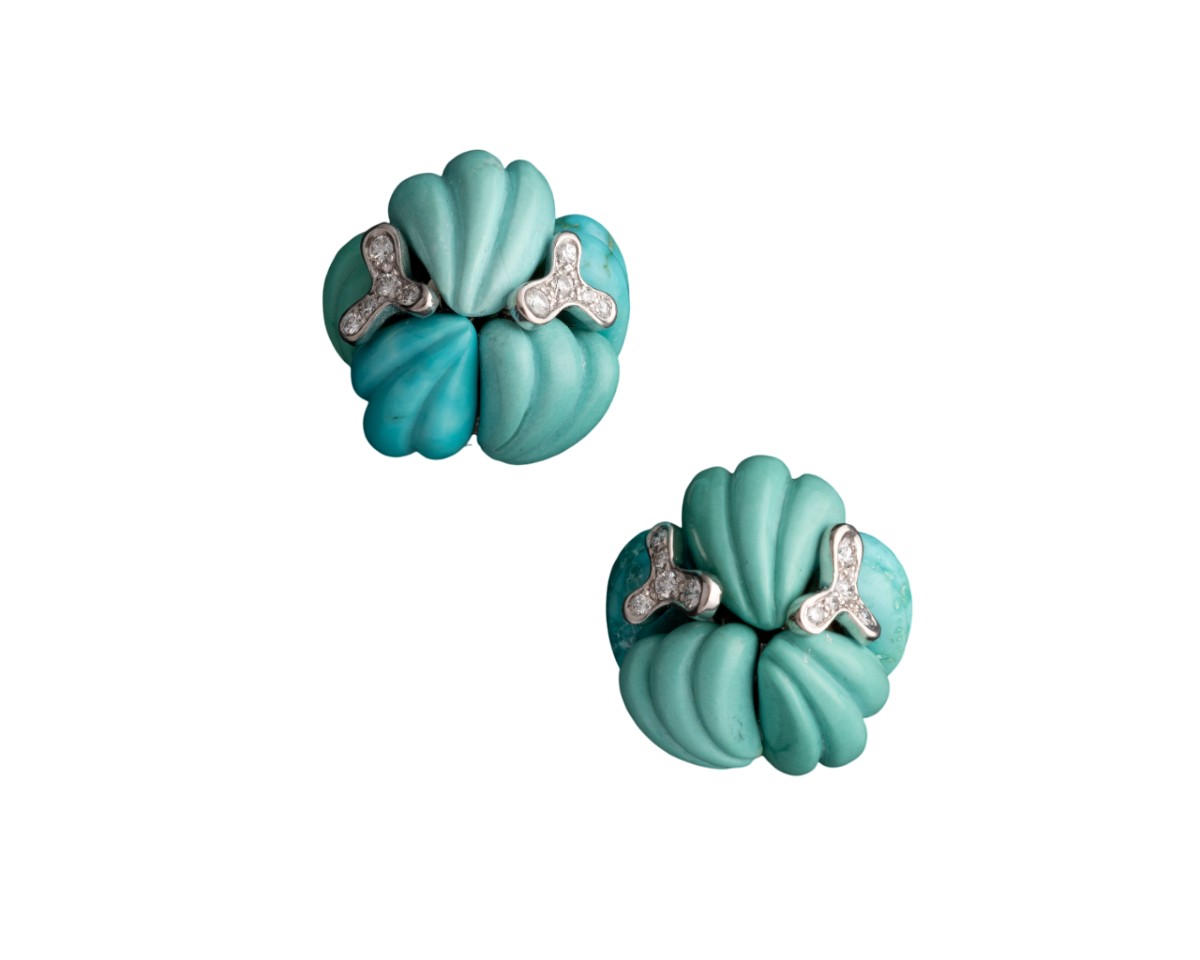Sterlet - Pair Of Gold, Diamond And Turquoise Earrings