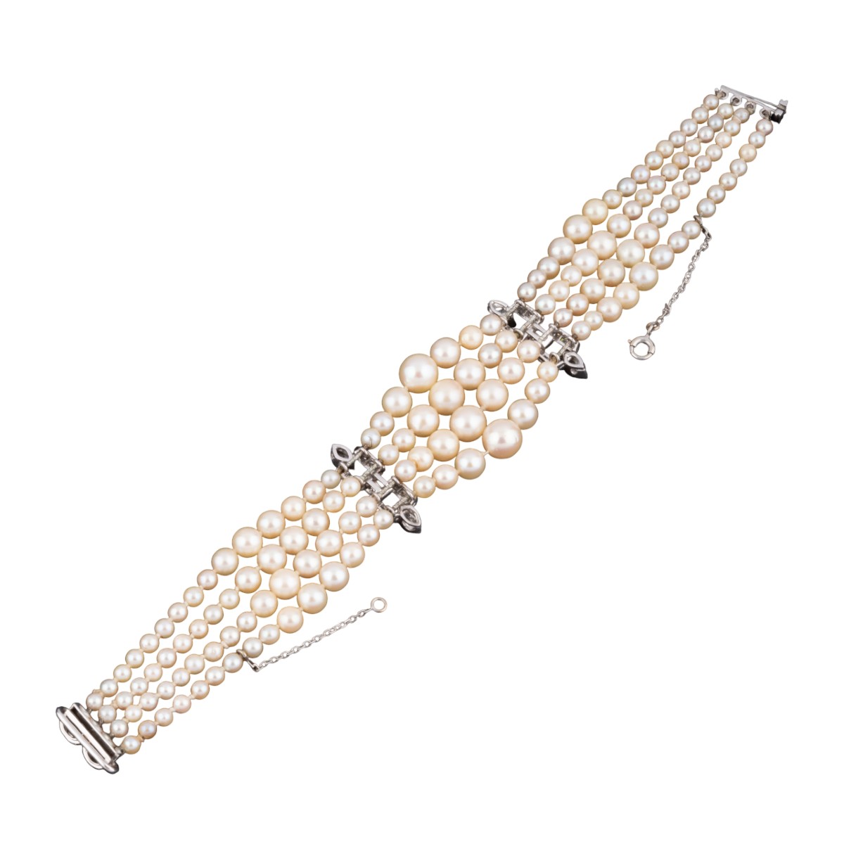 Bracelet Art Déco en or blanc, diamants et perles-photo-2