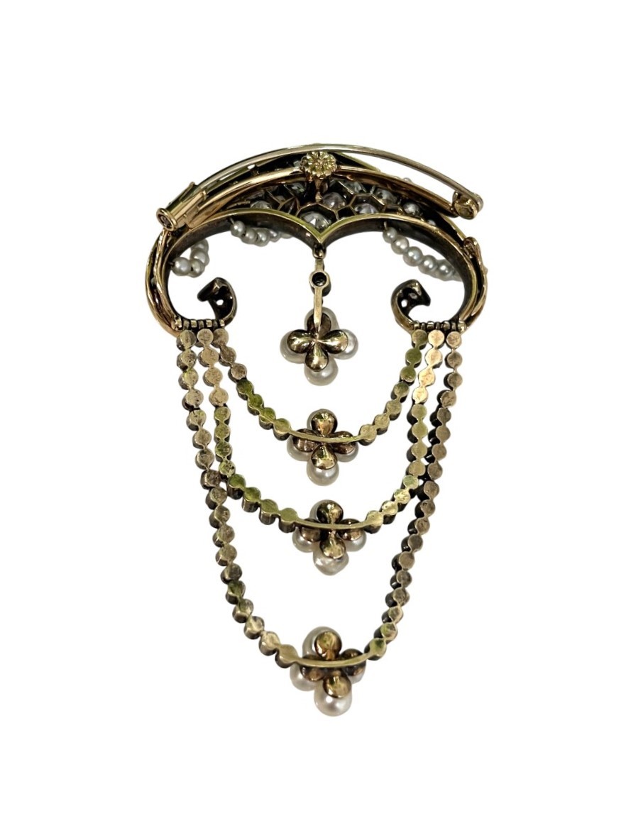 Broche de corsage en or, diamants et perles fines, fin du XIXe siècle-photo-2