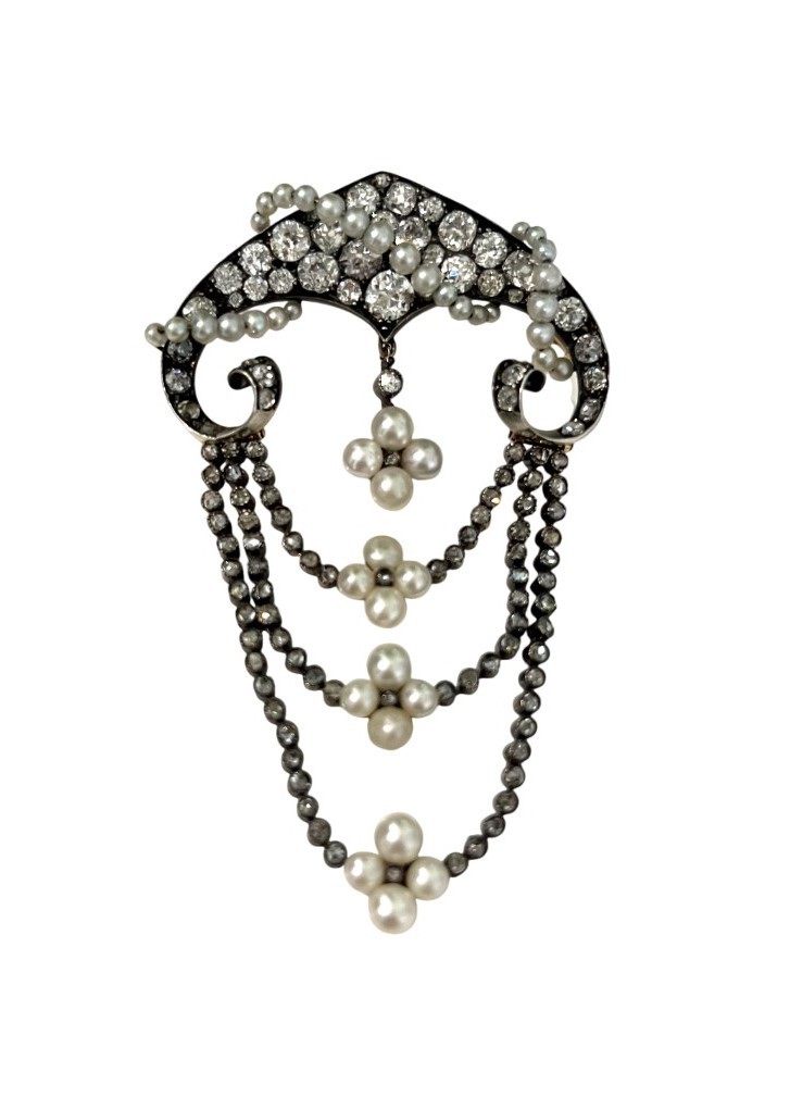 Broche de corsage en or, diamants et perles fines, fin du XIXe siècle