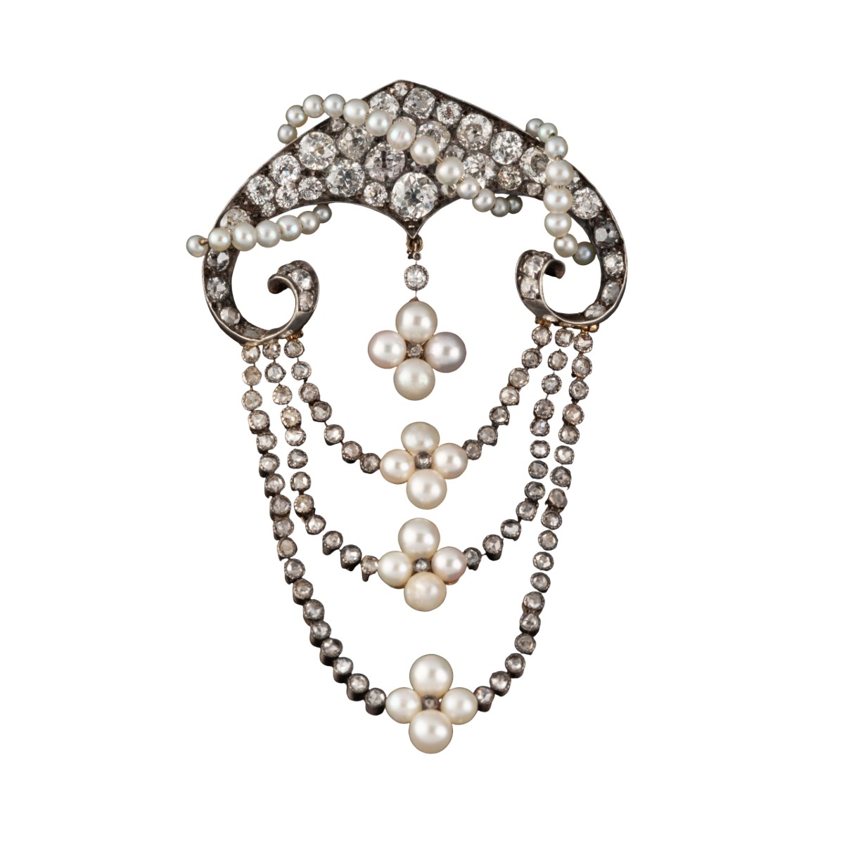 Broche de corsage en or, diamants et perles fines, fin du XIXe siècle