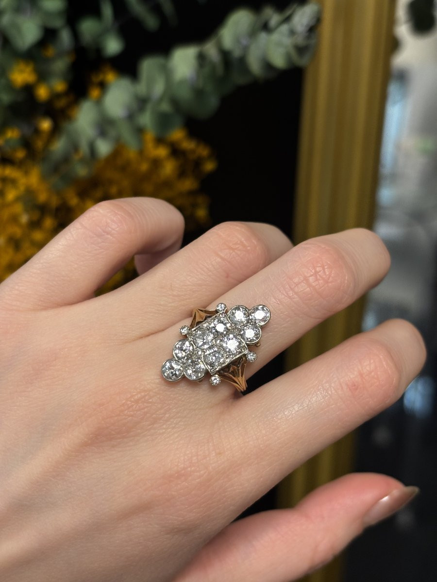 Bague Marquise en or 18k, platine et diamants, début XXe siècle-photo-2
