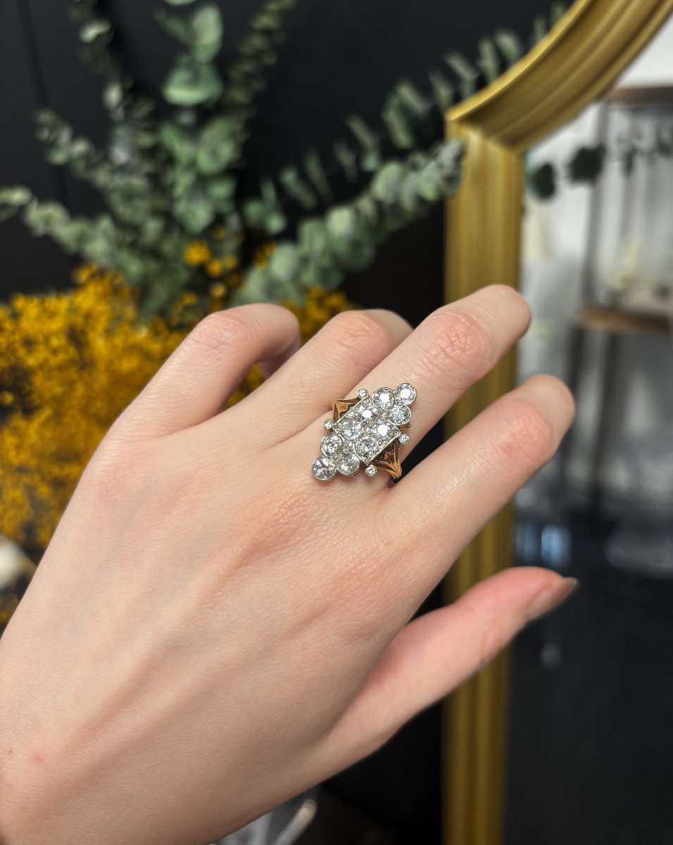 Bague Marquise en or 18k, platine et diamants, début XXe siècle-photo-3