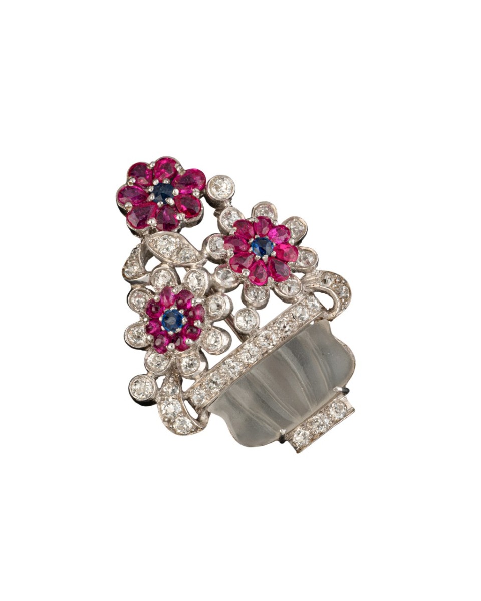 Broche floral en or blanc 18k, cristal de roche, diamants, rubis et saphirs-photo-3