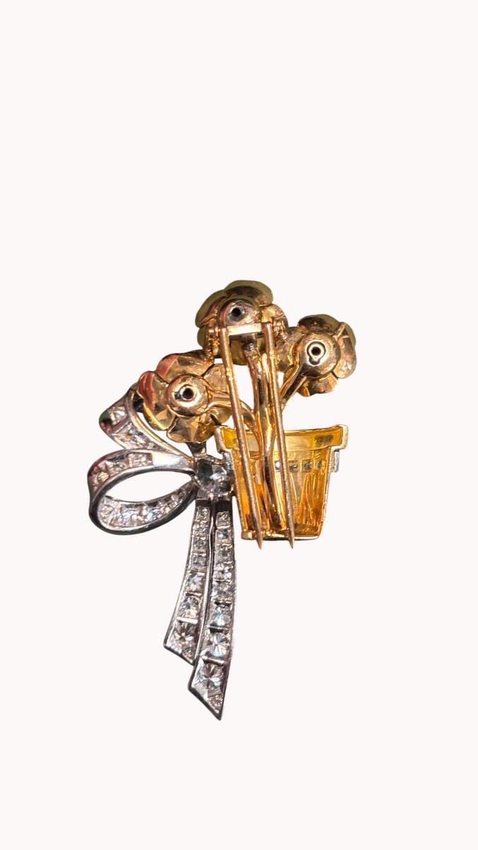 18k Gold, Platinum And Diamond Bouquet Clip Brooch, Circa 1940-photo-2