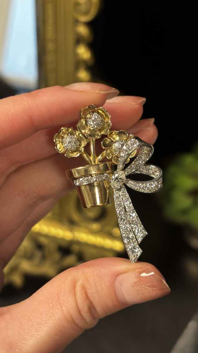 18k Gold, Platinum And Diamond Bouquet Clip Brooch, Circa 1940-photo-4