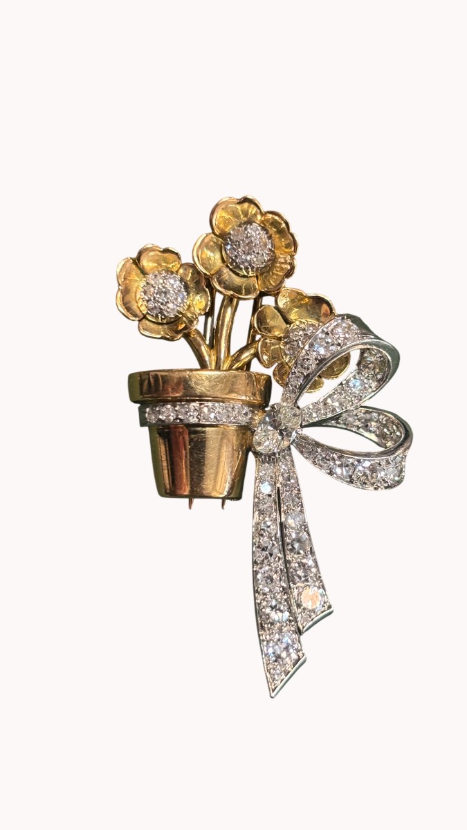 18k Gold, Platinum And Diamond Bouquet Clip Brooch, Circa 1940