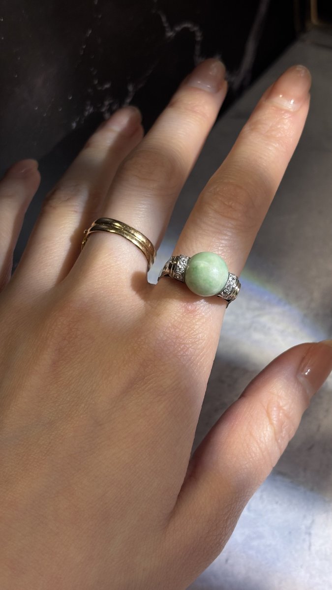 Art Deco Ring In White Gold, Jade And Diamonds-photo-2
